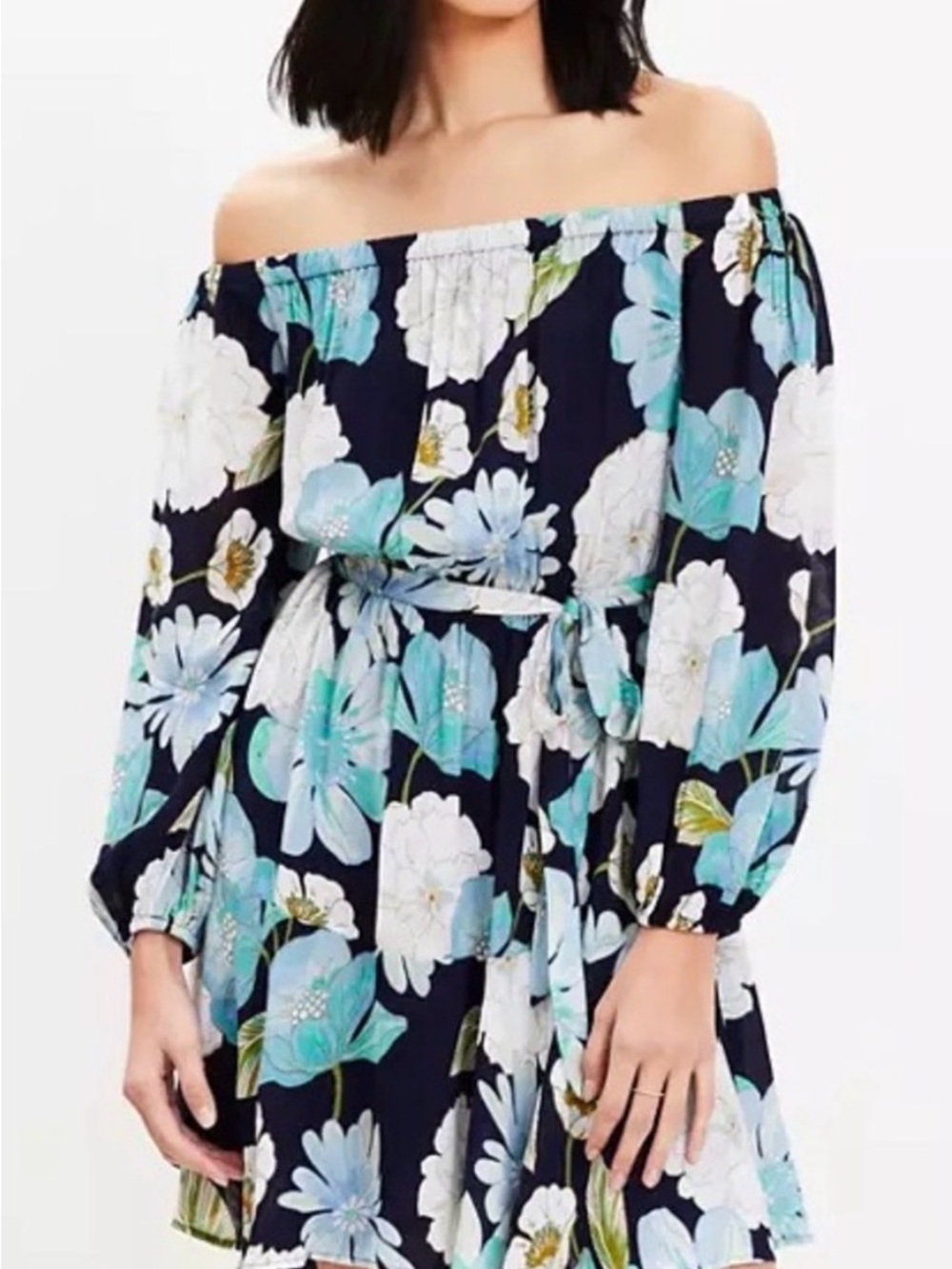 NWT LOFT Navy Floral Off-Shoulder Belted Dress Size Small